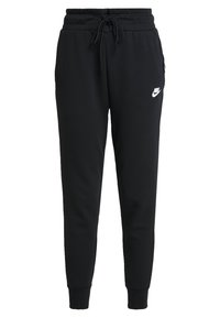 Svarta Nike-sweatpants med uppvikta anklar, framfickor och en vit Nike-logotyp på övre vänstra låret, med dragsko i midjan.