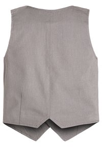 Gilet sans manches gris avec une finition texturée, présentant un ourlet arrière en forme de V et des coutures soignées. Aucun fermoir ni accent supplémentaire visible.