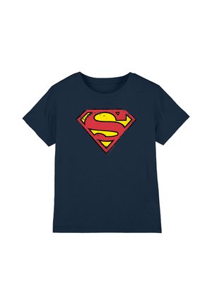 Navy blue short-sleeve t-shirt with a distressed red and yellow Superman logo centered on the chest.