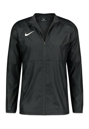 Veste de sport Nike noire zippée intégrale avec manches longues, poignets élastiques, col montant et logo Nike Swoosh blanc sur la poitrine.