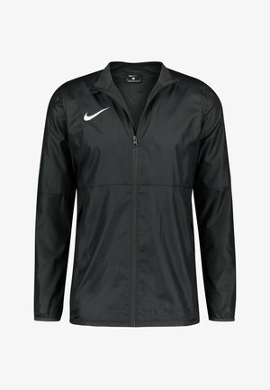 Veste de sport Nike noire zippée intégrale avec manches longues, poignets élastiques, col montant et logo Nike Swoosh blanc sur la poitrine.