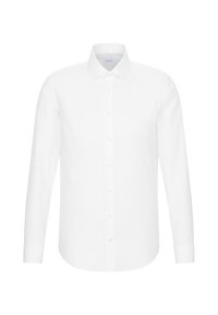 Chemise blanche à manches longues boutonnée, col pointu et poignets boutonnés, présentée sur un fond blanc uni.