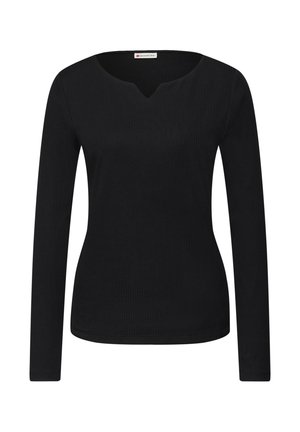 Zwarte top met lange mouwen met een geribbelde structuur, voorzien van een V-hals en een aansluitende pasvorm. De stof lijkt glad en rekbaar.