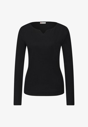 Zwarte top met lange mouwen met een geribbelde structuur, voorzien van een V-hals en een aansluitende pasvorm. De stof lijkt glad en rekbaar.
