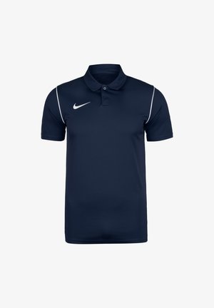 Marineblaues Nike-Polohemd mit kurzen Ärmeln, weißen Paspelierungen an den Schultern und weißem Nike-Swoosh-Logo auf der rechten Brust.