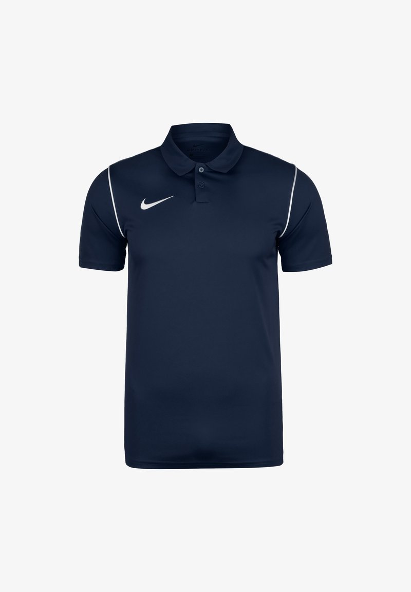 Polo Nike bleu marine à manches courtes avec liseré blanc sur les épaules et logo Nike swoosh blanc sur la poitrine droite.
