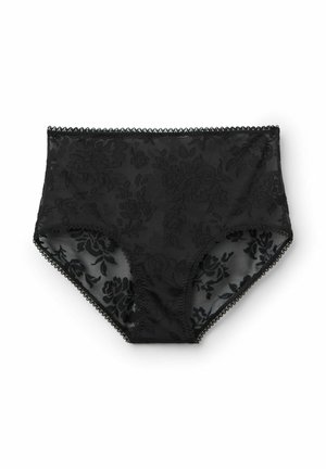 Schwarze hochgeschnittene Unterwäsche aus transparenter Stoff mit floralem Muster. Mit dekorativem gewelltem Spitzenbesatz entlang des Bundes und der Beinöffnungen.