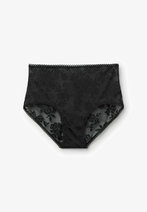 Zwarte hoog uitgesneden onderbroek van doorschijnende stof met een bloemmotief. Kenmerkt decoratieve golvende kant langs de tailleband en beenopeningen.