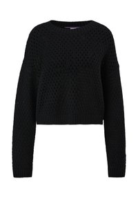 Czarny sweter dziani z luźnym krojem, z teksturowanym wzorem otwartych dziurek, ściągaczami u rękawów oraz okrągłym dekoltem. Krótki krój.