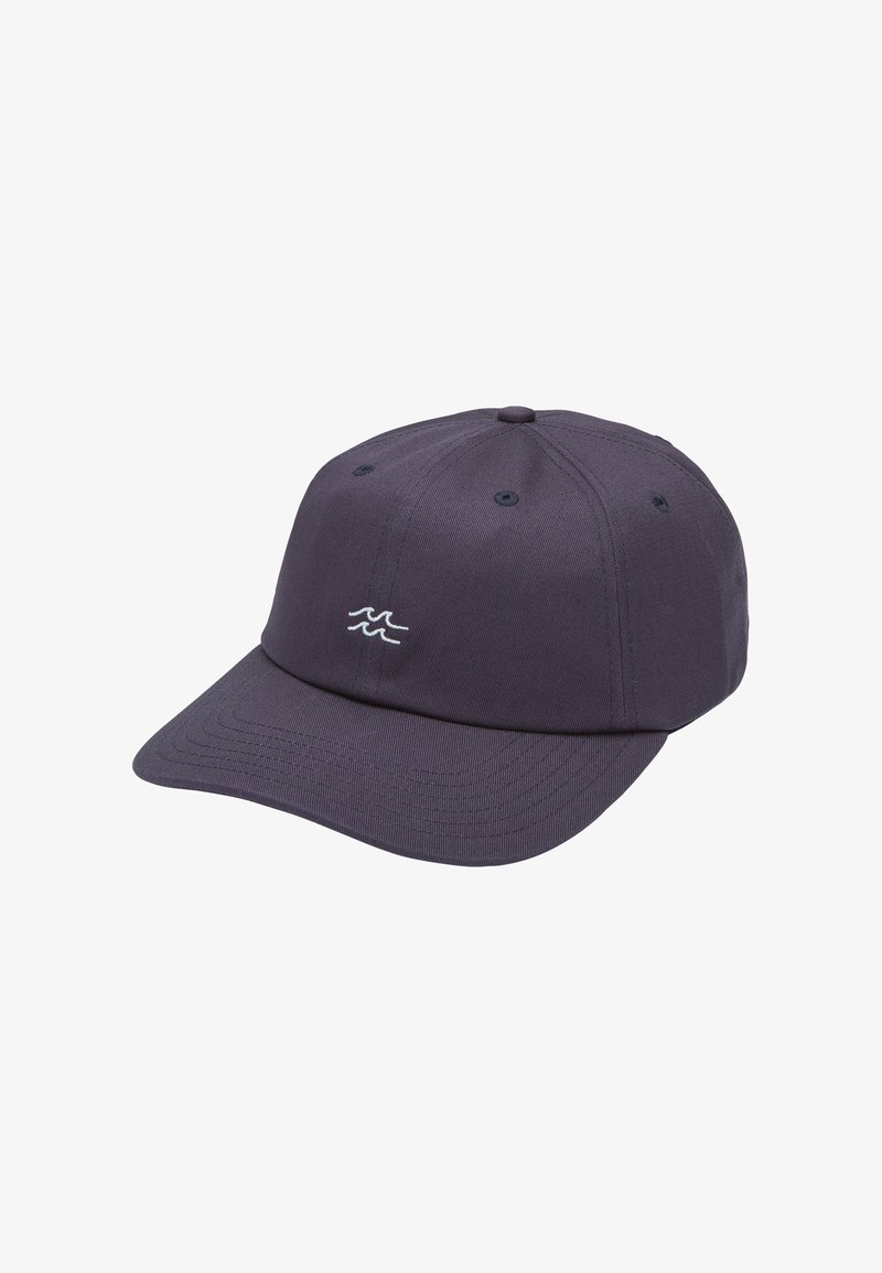 Dark navy baseball cap with a structured crown, curved brim, and embroidered wave logo in white on the front. Features ventilation eyelets.