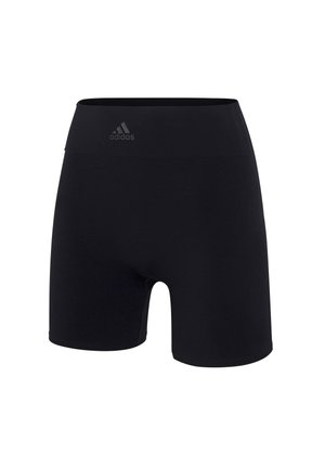 Zwarte sportshorts gemaakt van rekbare stof, met een hoge tailleband en een klein, reflecterend Adidas-logo op de voorkant.