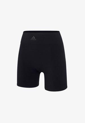 Schwarze Sportshorts aus dehnbarem Material mit hohem Bund und einem kleinen, reflektierenden Adidas-Logo auf der Vorderseite.
