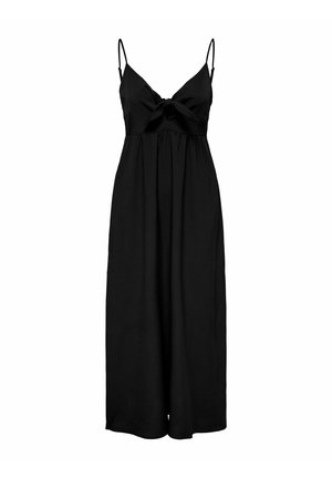 Crna bezrukavna maksi haljina s detaljem mašne sprijeda, s uskim korzetom i lepršavom suknjom. Napravljena od laganog materijala.
