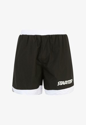 Shorts sportivi negri cu un tiv elastic alb, având un panou inferior alb și sigla "STARTER" în alb pe partea stângă.