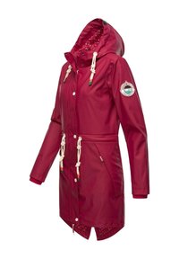 Waterproof red raincoat with a hood, adjustable drawstrings, front buttons, and side pockets. Features a patterned inner lining.