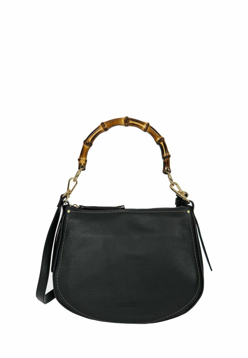 Sac à main en cuir noir avec une poignée en bambou, des accessoires en métal doré et un design arrondi. Il dispose d'une fermeture éclair et d'une bandoulière amovible.