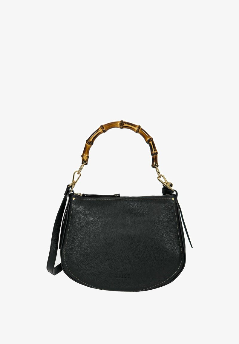 Sac à main en cuir noir avec une poignée en bambou, des accessoires en métal doré et un design arrondi. Il dispose d'une fermeture éclair et d'une bandoulière amovible.