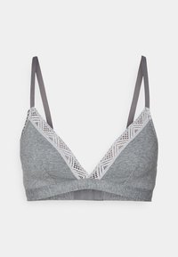 Grå bralette med V-formad halsringning, mjukt tyg och lätt spetsdetalj med geometriskt mönster. Justerbara grå spännen ger stöd.