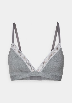 Brassière grise avec un décolleté en V, en tissu doux, ornée d'une légère dentelle avec un motif géométrique. Les bretelles grises réglables offrent un bon maintien.