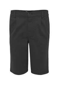 Shorts noirs en tissu lisse, avec fermeture à bouton, poches latérales et coupe droite avec une taille légèrement élastique.