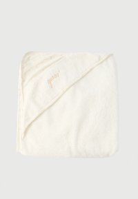 Μαλακή λευκή παιδική πετσέτα με κουκούλα, με κεντημένο το όνομα της μάρκας στη γωνία και διακριτική υφασμάτινη επένδυση με σχέδιο στο εσωτερικό της κουκούλας.