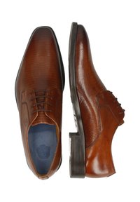 Scarpe eleganti da uomo in pelle marrone con lacci, punta arrotondata, motivo testurizzato e suole scure, mostrate in vista dall'alto e di lato.
