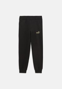 Pantalons de survêtement noirs avec une taille élastique et des poignets côtelés. Dotés d'un logo Puma doré sur le côté gauche. Fabriqués à partir d'un tissu doux et durable.