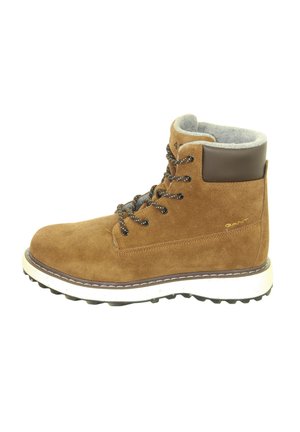 Brown suede lace-up winter boot with fleece lining, padded ankle collar, and textured white sole for outdoor use.