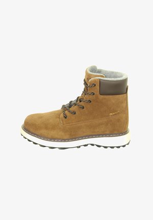 Brown suede lace-up winter boot with fleece lining, padded ankle collar, and textured white sole for outdoor use.
