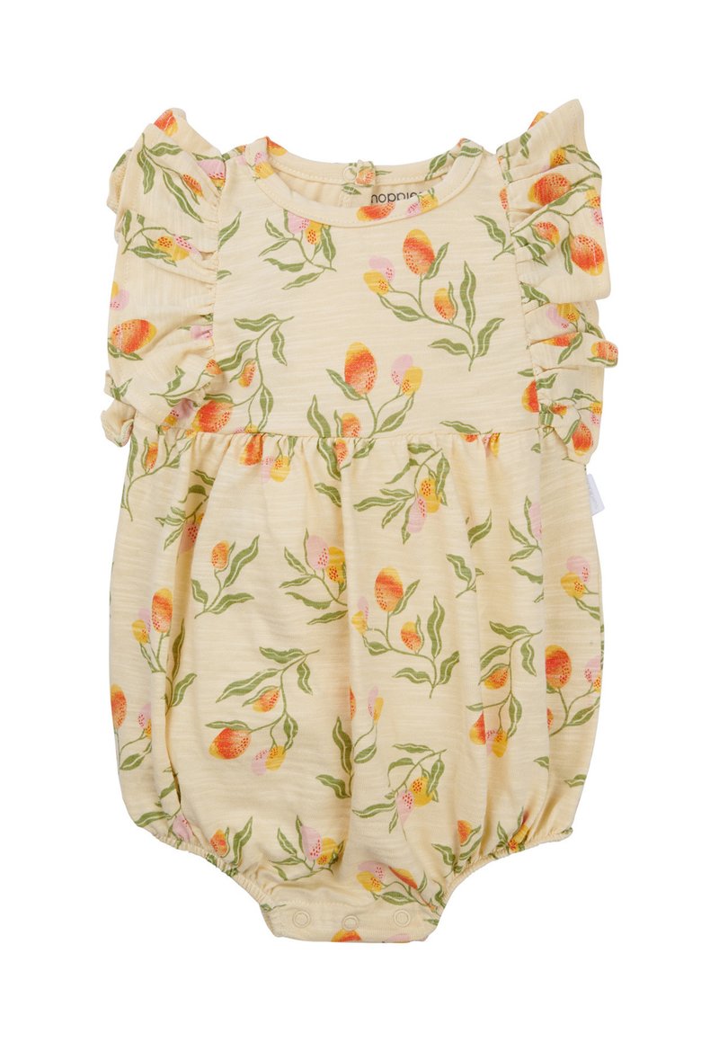Rompers pour bébé à fleurs en jaune clair, présentant un design à épaules volantées. L'imprimé comprend des fleurs orange et roses avec des feuilles vertes. Fermeture à pressions à la base.