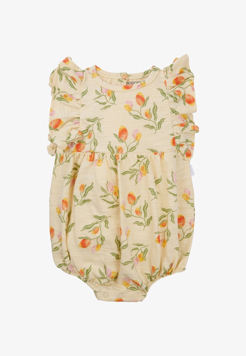 Rompers pour bébé à fleurs en jaune clair, présentant un design à épaules volantées. L'imprimé comprend des fleurs orange et roses avec des feuilles vertes. Fermeture à pressions à la base.