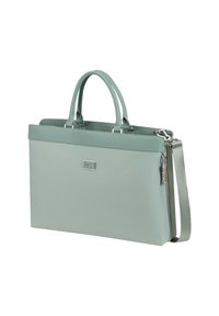 Light green rectangular briefcase with two handles, a detachable shoulder strap, and a small front logo plaque.