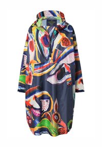 Giacca impermeabile sovradimensionata e colorata in tessuto leggero, caratterizzata da motivi astratti in rosso, blu, verde e giallo; tasca frontale; cappuccio regolabile.