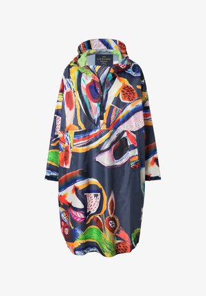 Farverig, oversized regnjakke i lette materialer, prydet med abstrakte mønstre i rød, blå, grøn og gul; frontlomme; justerbar hætte.