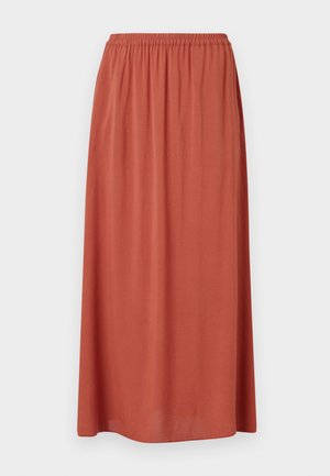 Jupe de mi-longueur couleur rouille avec une taille élastique et un tissu doux et drapant pour le confort. Pas de motifs ou d'accents visibles.