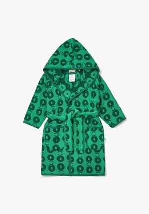 Turquoise groene badjas met een capuchon, voorzien van een patroon van donkergroene cirkels. Inclusief zakken en een bijpassende riem, gemaakt van textuurstof.