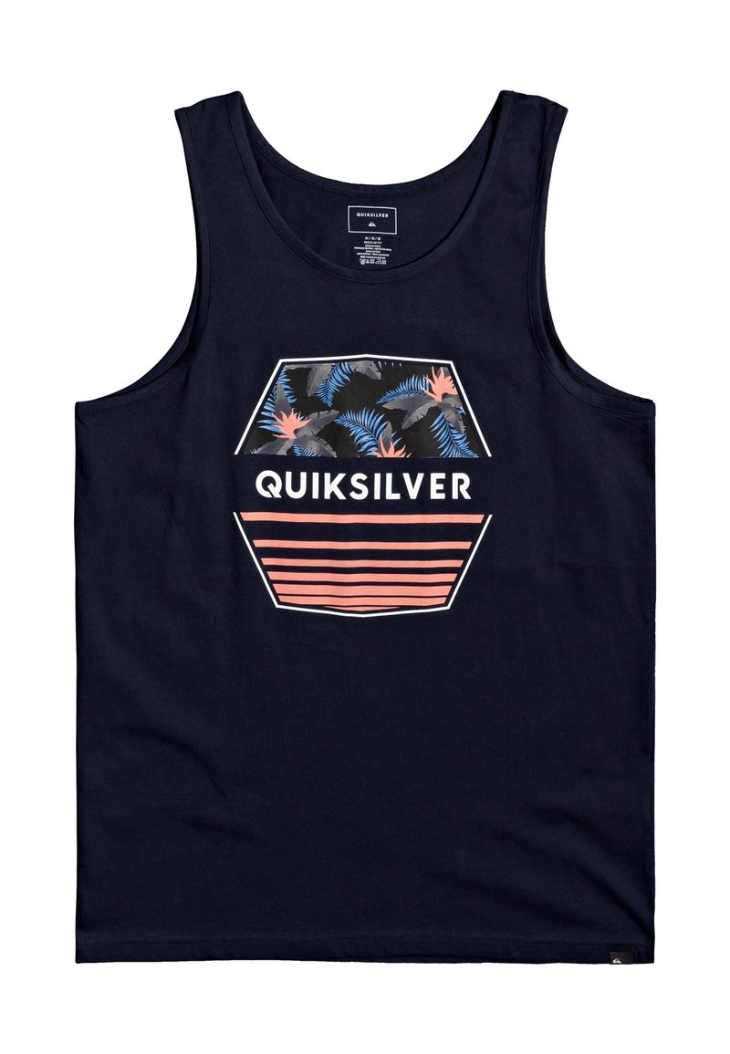 Marinblå bomullslinne med en hexagonal logotyp med tropiska blommönster och ränder i rosa och vitt. Enkel design med rund halsringning.