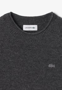 Pullover grigio a maglia con collo a girocollo a coste, caratterizzato da un sottile logo Lacoste ricamato sul petto e una texture morbida.