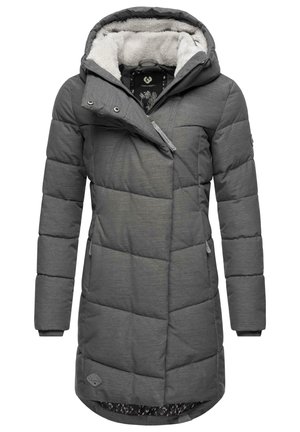 Grijze puffer jas met een gestructureerde buitenlaag, fleece-voering in de capuchon en een doorgestikt patroon. Heeft een ritsfront en zijzakken. Gevoerde binnenkant.