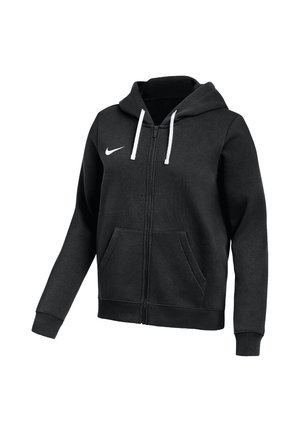 Sweat à capuche noir zippé avec cordons blancs, poches avant, poignets côtelés et logo Nike blanc sur le côté gauche de la poitrine.
