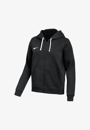 Sweat à capuche noir zippé avec cordons blancs, poches avant, poignets côtelés et logo Nike blanc sur le côté gauche de la poitrine.