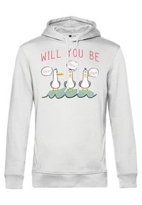 Sudadera con capucha gris claro que presenta un gráfico de tres gaviotas de dibujos animados con burbujas de diálogo que dicen "¡S mío!" y "¿Serás tú?" encima de ellas.