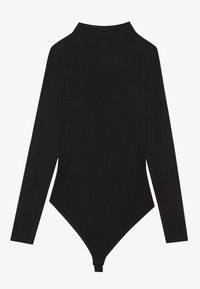 Czarny bodysuit z długim rękawem i wysokim kołnierzem, z bocznym marszczeniem i dopasowanym krojem, wykonany z miękkiego, elastycznego materiału.