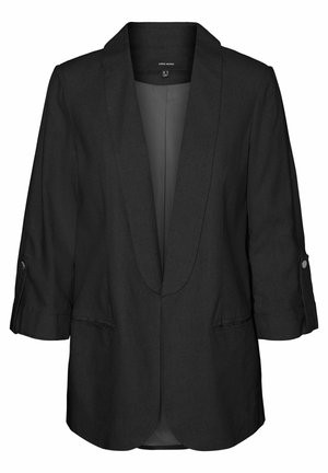 Svart blazer med enknappslås, spetsiga slag och trekvartsärmar. Har två framfickor och en slät innerfoder.