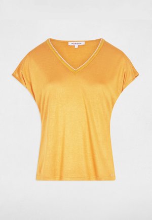 Yellow short-sleeve V-neck t-shirt made of lightweight fabric, featuring a smooth texture and a contrasting stitch detail around the neckline.