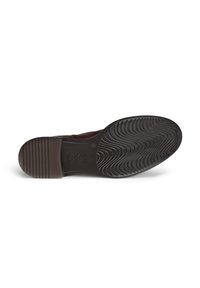 Sole of dark brown dress shoe with textured rubber tread, featuring horizontal lines on heel and wave pattern on front sole.