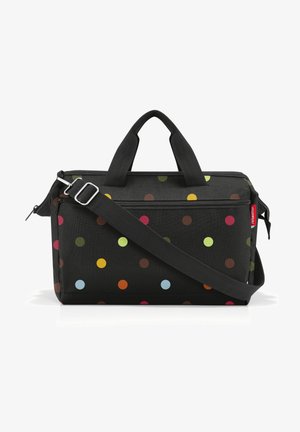 Borsa nera con chiusura a zip, caratterizzata da un vivace motivo a pois multicolori. Include due manici e una tracolla removibile.