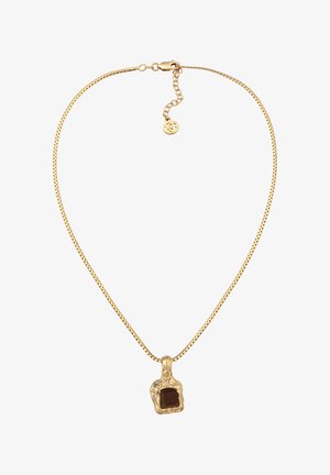 Collier chaîne en or avec un pendentif rectangulaire texturé présentant une pierre centrale sombre et de petites pierres décoratives.