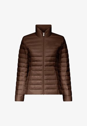 Veste matelassée marron avec un col haut, design matelassé horizontal, fermeture éclair à l'avant et deux poches latérales. Texture du tissu lisse et léger.