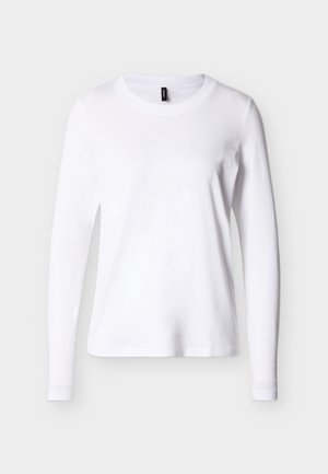 T-shirt blanc à manches longues avec col rond, présenté sur un fond neutre, vue de face avec une étiquette noire au niveau du col.